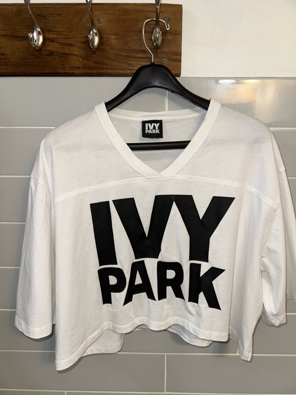 IVY PARK White and Black Cropped V-Neck Logo Tee